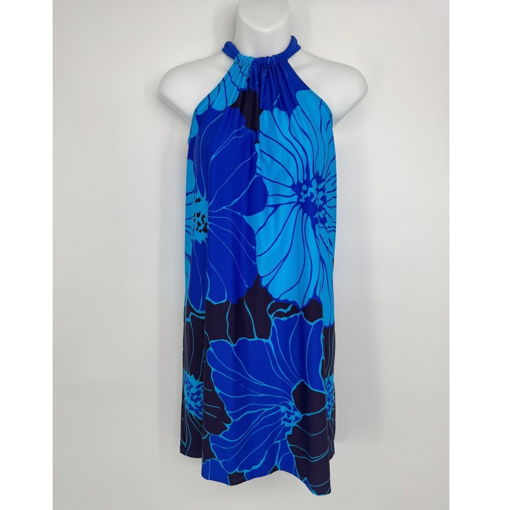 Tara Grinna Halter Mini Dress Large Blue Floral Beach Vacation Resortwear USA